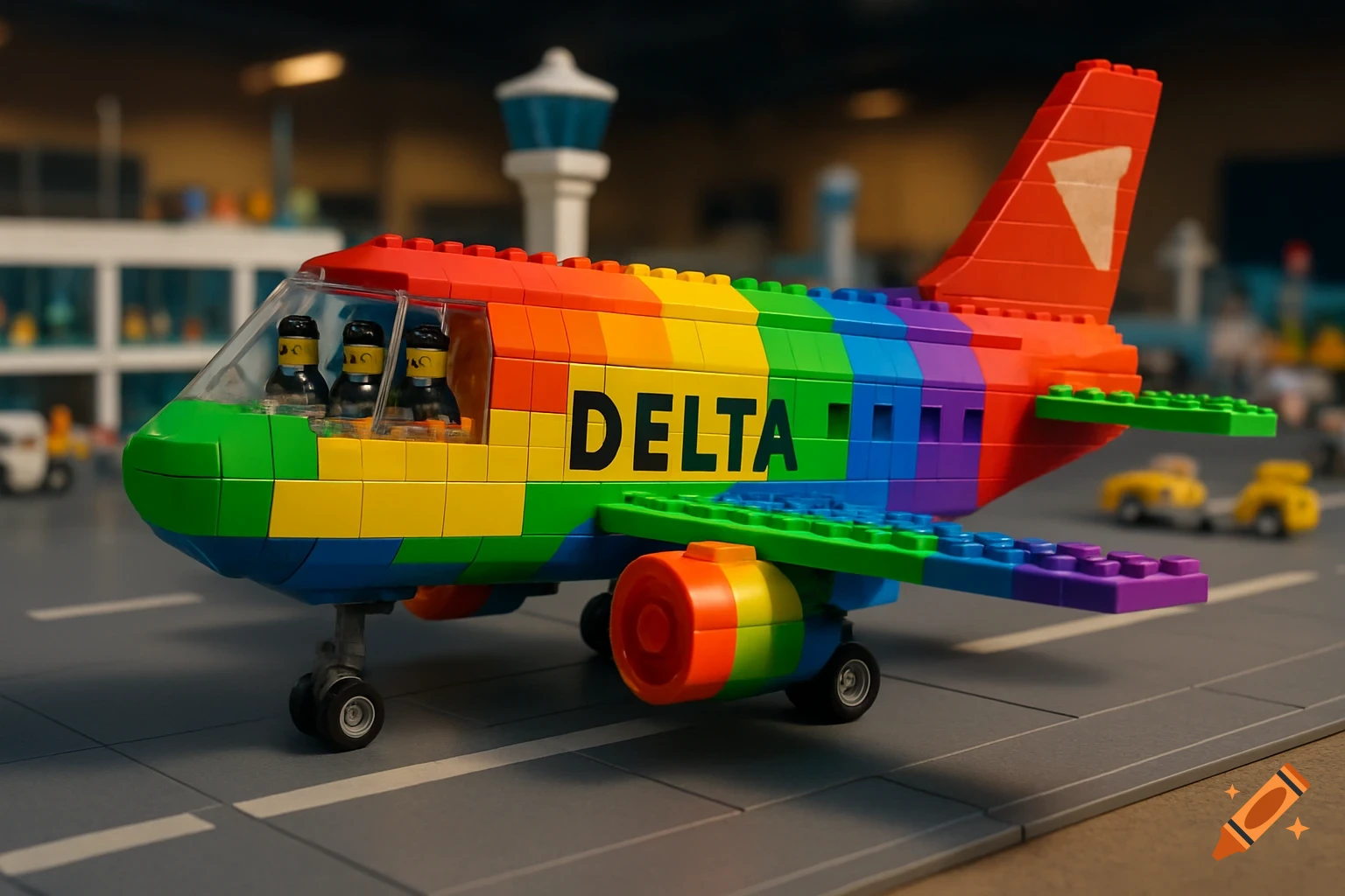 A rainbow-colored LEGO airplane with 'DELTA' on its side sits on a grey airport runway with an air traffic control tower in the background.