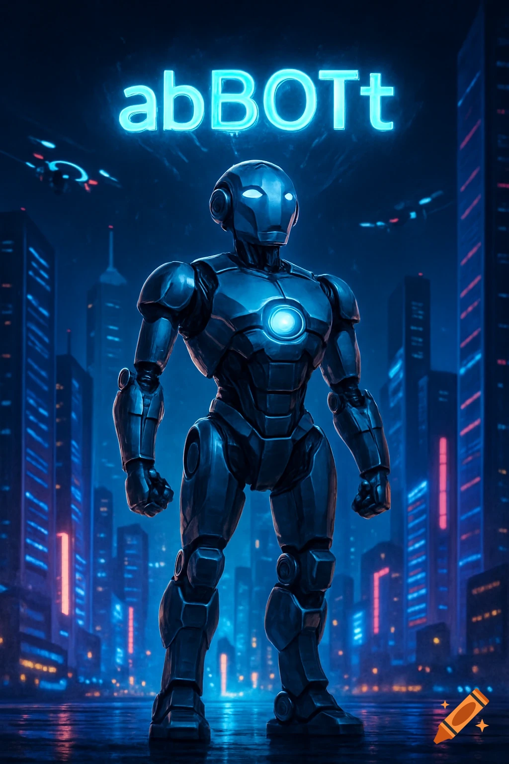 A metallic robot stands in a dark, futuristic city with neon lights, under a glowing sign that reads "abBOTt."