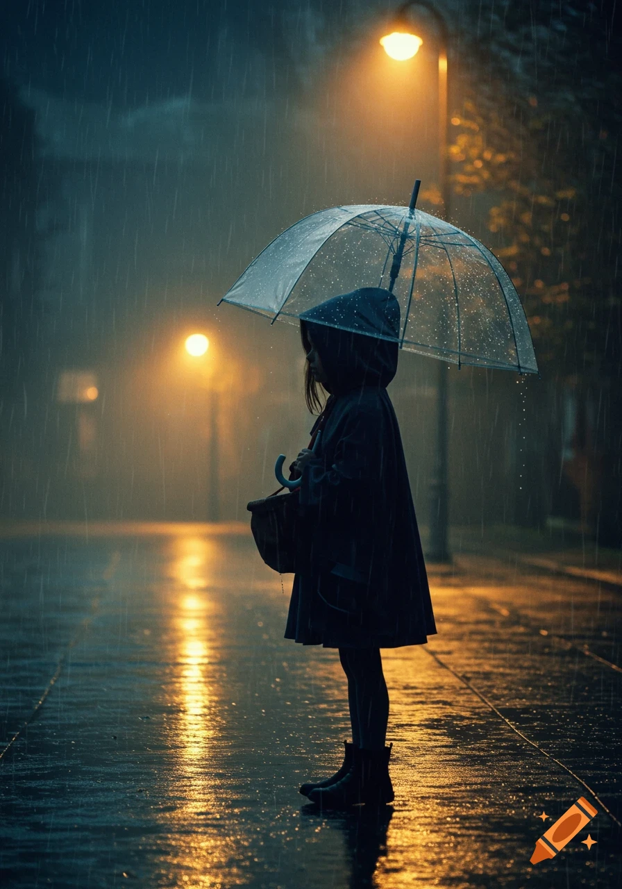 A hooded child holding a transparent umbrella walks on a wet street at night, illuminated by warm streetlights.