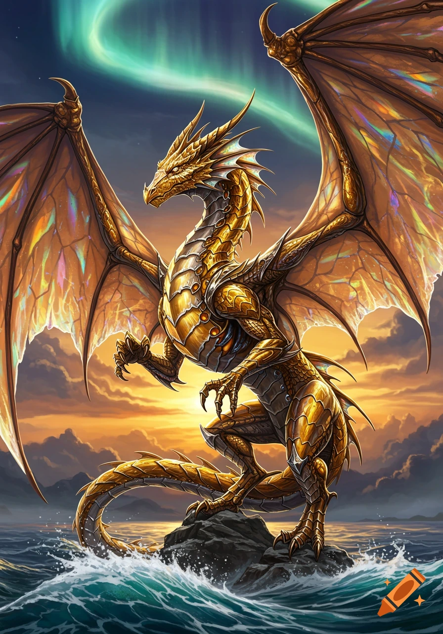 A majestic golden dragon with iridescent wings stands on a rock in a stormy ocean under a sky with a green aurora and orange sunset.