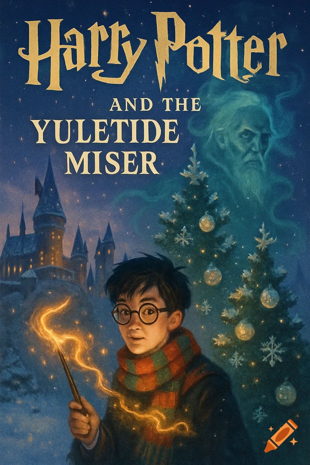 Illustrated book cover for 'Harry Potter and the Yuletide Miser' featuring Harry casting a spell in a snowy landscape with a castle, trees, and a ghostly figure.