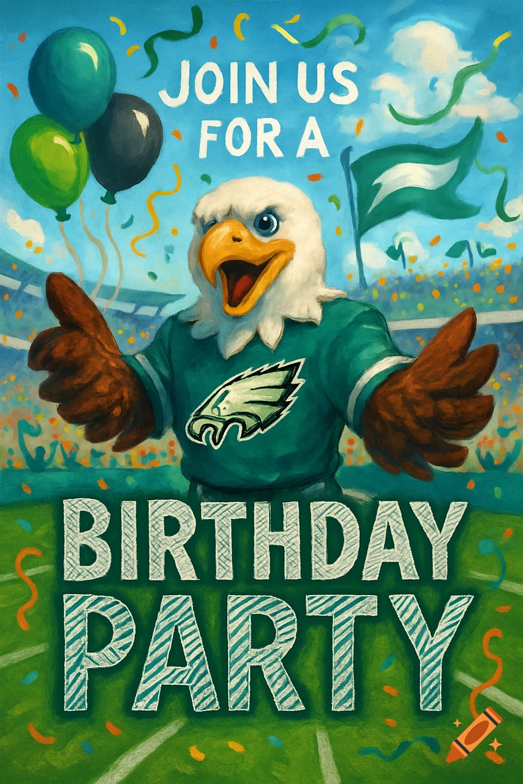 A cartoon bald eagle mascot in a teal jersey stands in a football stadium with balloons and confetti. Text on the field reads "JOIN US FOR A BIRTHDAY PARTY."
