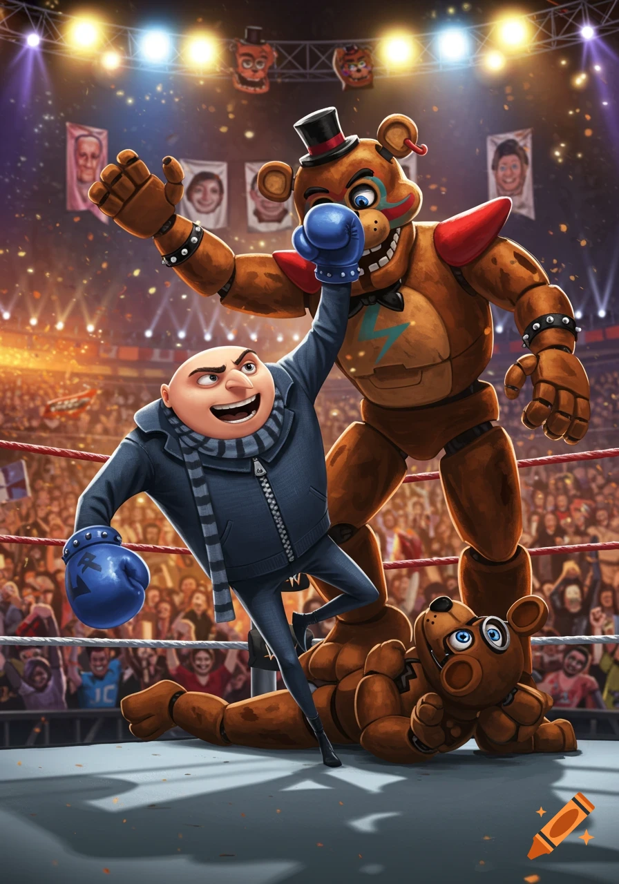 Gru celebrating victory over Freddy Fazbear in a wrestling match, with another Freddy animatronic defeated on the mat in a brightly lit arena.