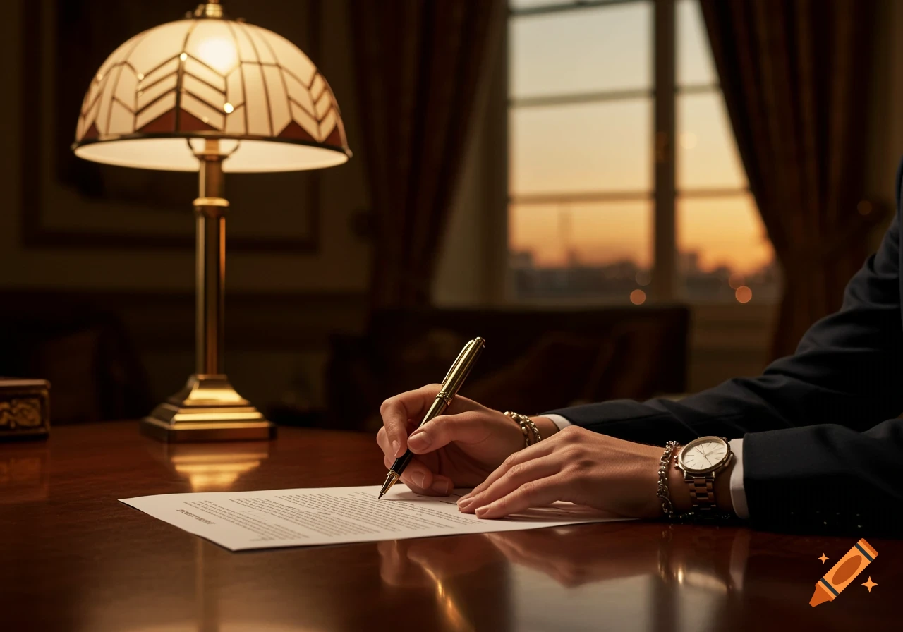 A person's hands signing a document on a wooden desk with a lamp, lit by a window at sunset. Photorealistic.