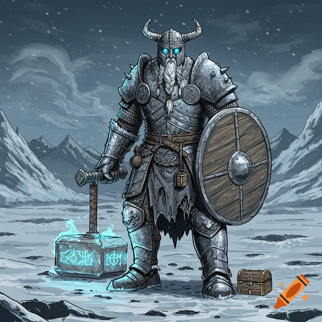 A hand-drawn illustration of a heavily armored frost giant or Viking warrior with glowing blue eyes and a braided beard, holding a large hammer with glowing runes and a shield, standing in a snowy mountain landscape.