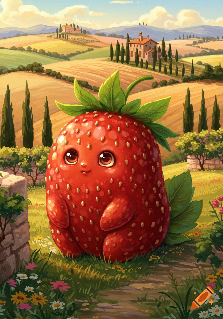 A cute, anthropomorphic strawberry character with big eyes stands in a vibrant, illustrated Tuscan landscape with rolling hills and farmhouses.