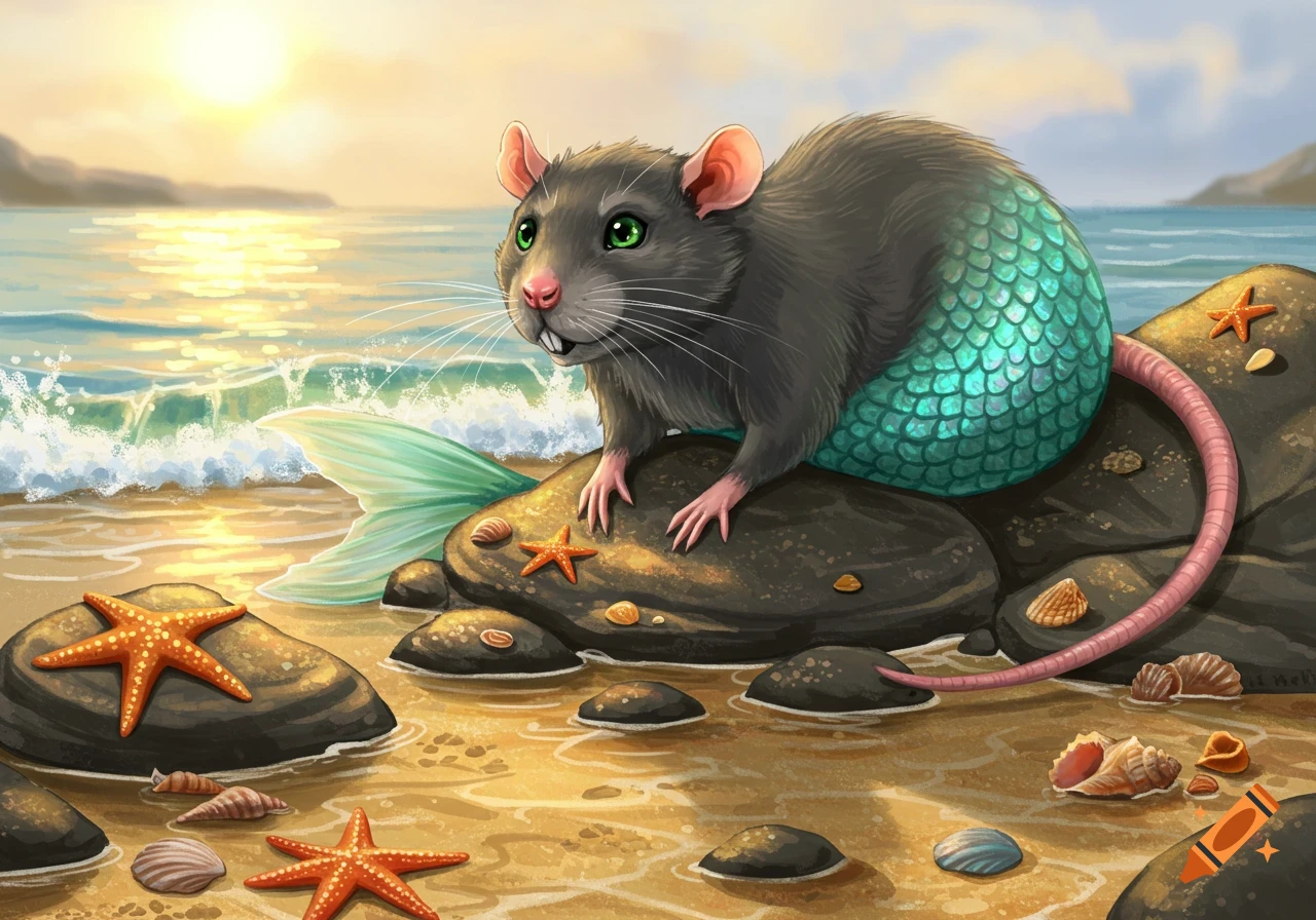 A cartoon rat with a teal mermaid tail sits on rocks on a sandy beach at sunset.