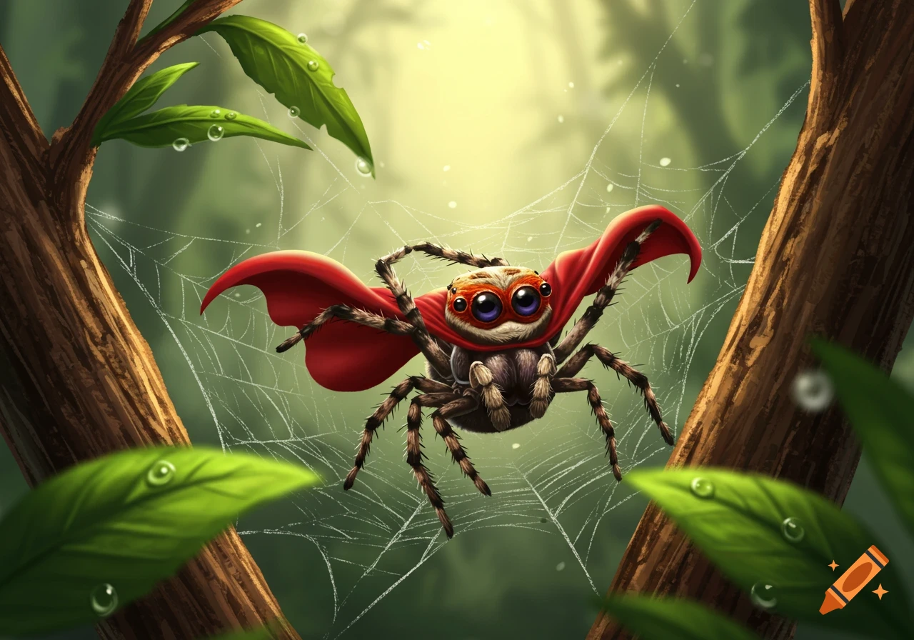 A cute, stylized jumping spider wearing a red superhero cape stands on a spiderweb between tree branches in a green forest.