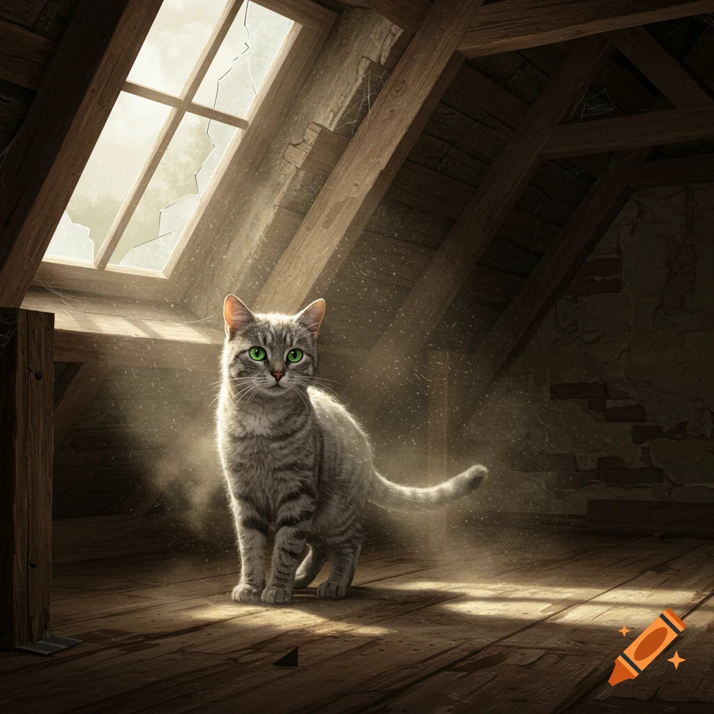 A photorealistic image of a gray tabby cat standing in a dusty attic, illuminated by sunbeams from a broken window.