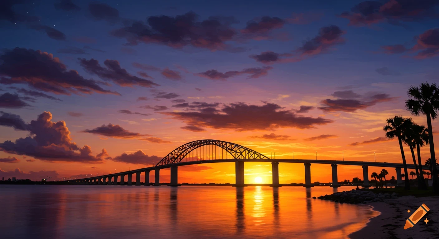 A long arch bridge stretches over water under a vibrant sunset sky, with palm trees on the right shore.