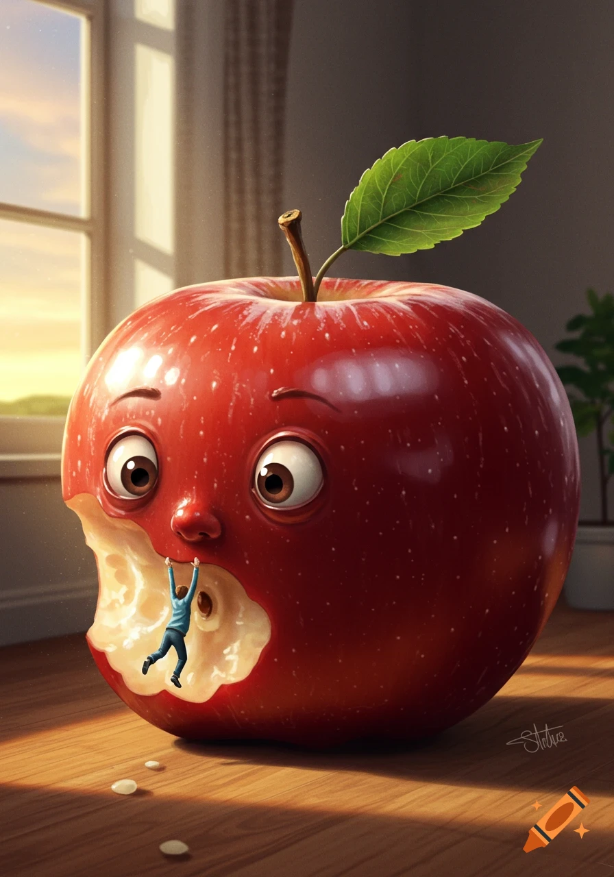 A giant anthropomorphic red apple with a bite taken out, its surprised face looking as a tiny human hangs from the bite mark inside it. Indoors, lit by a window.