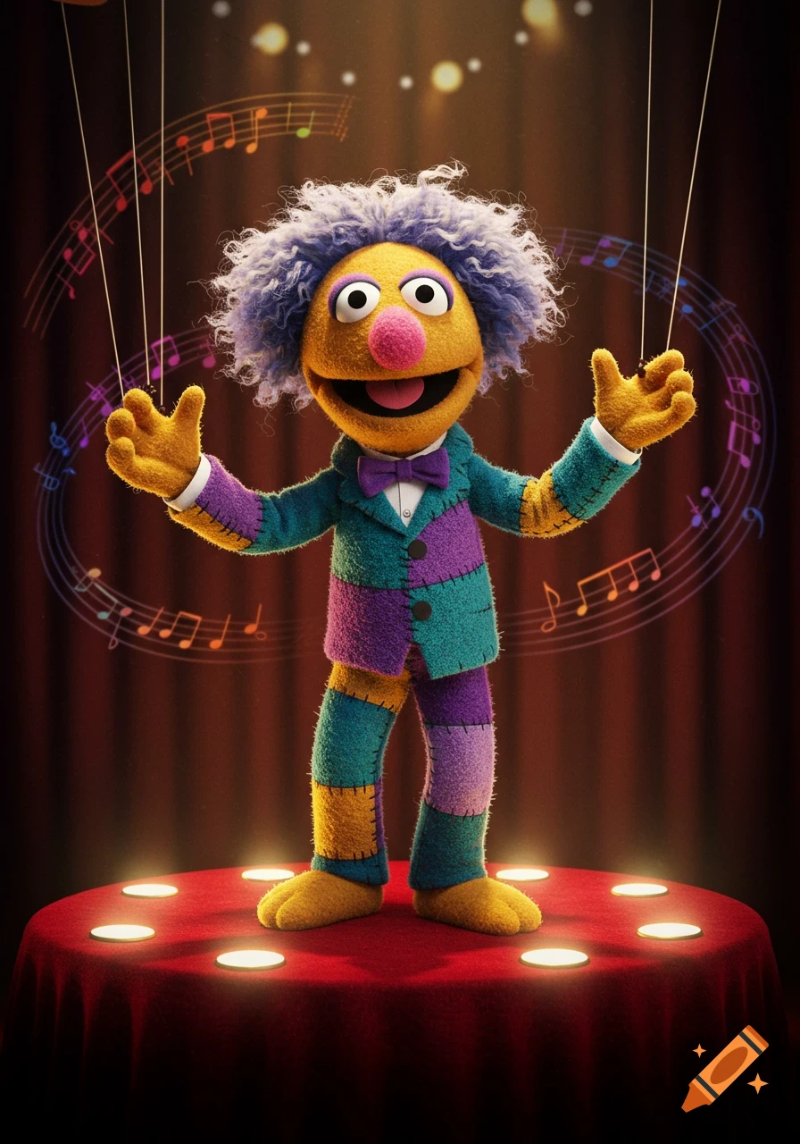 A colorful muppet puppet with purple hair and a patchwork suit stands on a red stage under spotlights, with musical notes floating around it.