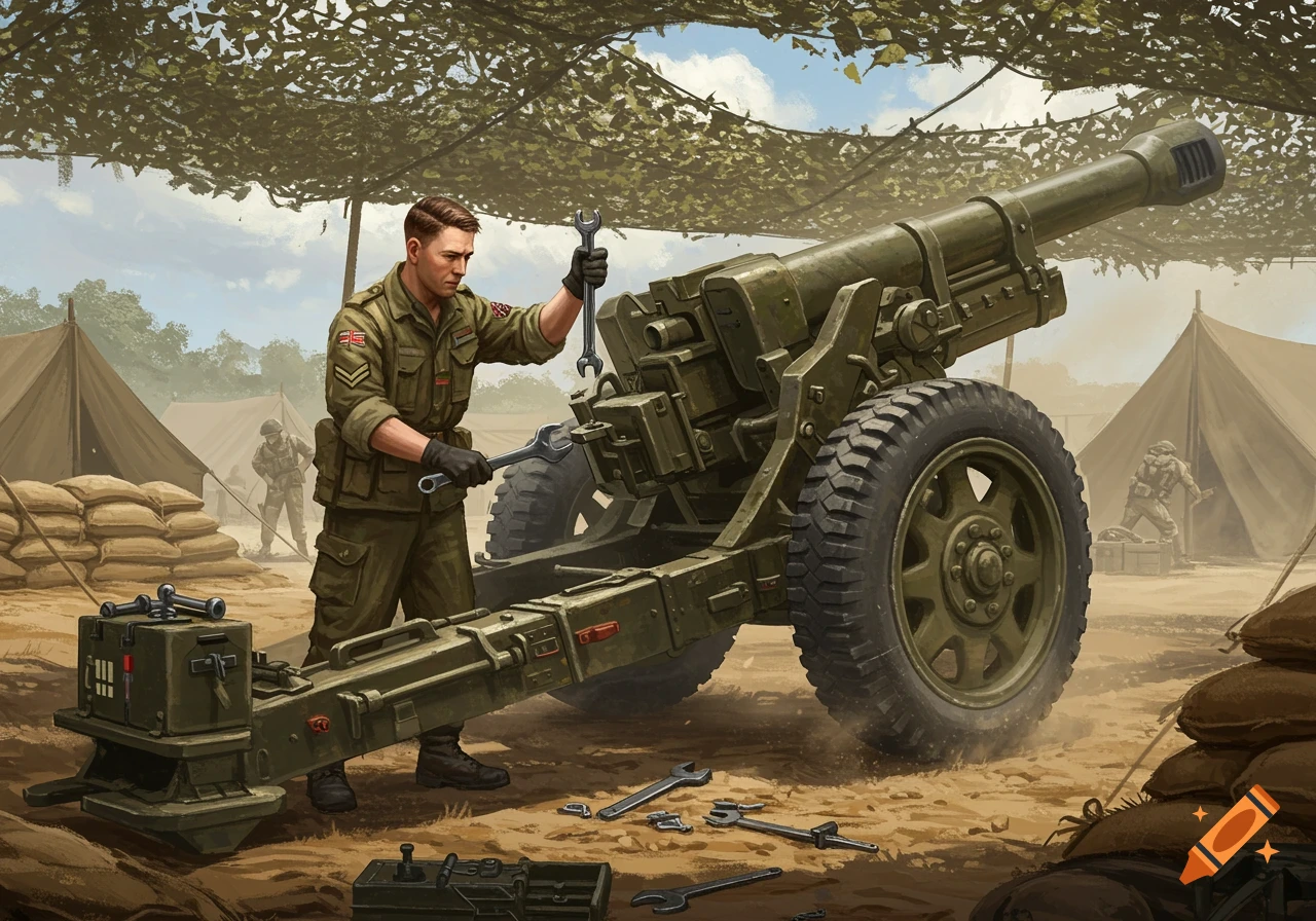 A British army mechanic in uniform uses wrenches to fix a large green artillery cannon in a dusty military camp under camouflage netting.