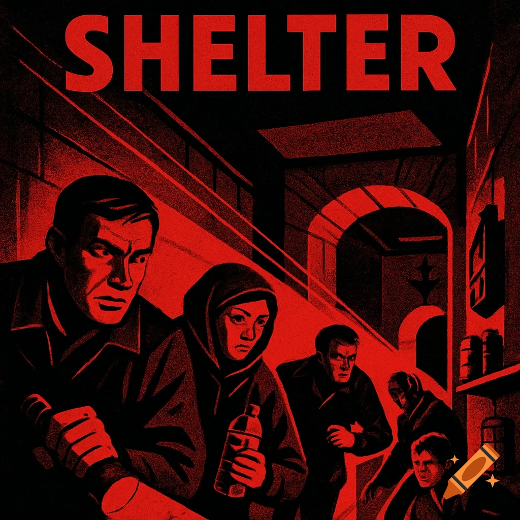 A stylized red and black poster showing people with flashlights and bottles seeking shelter, with the word 'SHELTER' at the top.