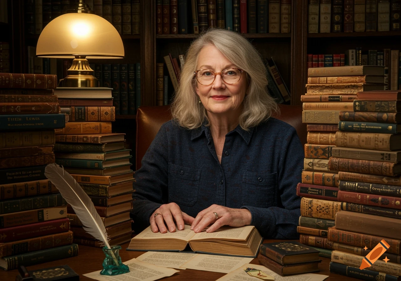 A grey-haired woman with glasses sits at a wooden desk, her hands resting on an open book, surrounded by large stacks of antique books.