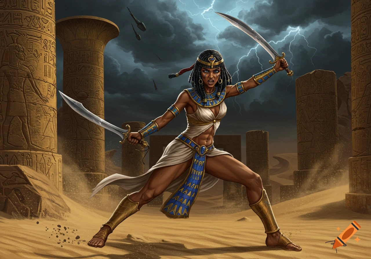An Egyptian woman warrior in ancient attire, wielding two swords in a defensive stance amidst desert ruins under a stormy sky, in an illustration style.