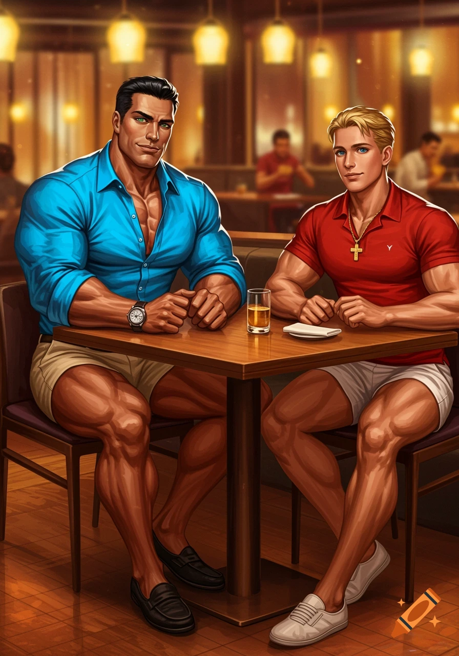 Two muscular men in a restaurant. One with dark hair and a blue shirt, the other with blonde hair and a red polo, both in short shorts.