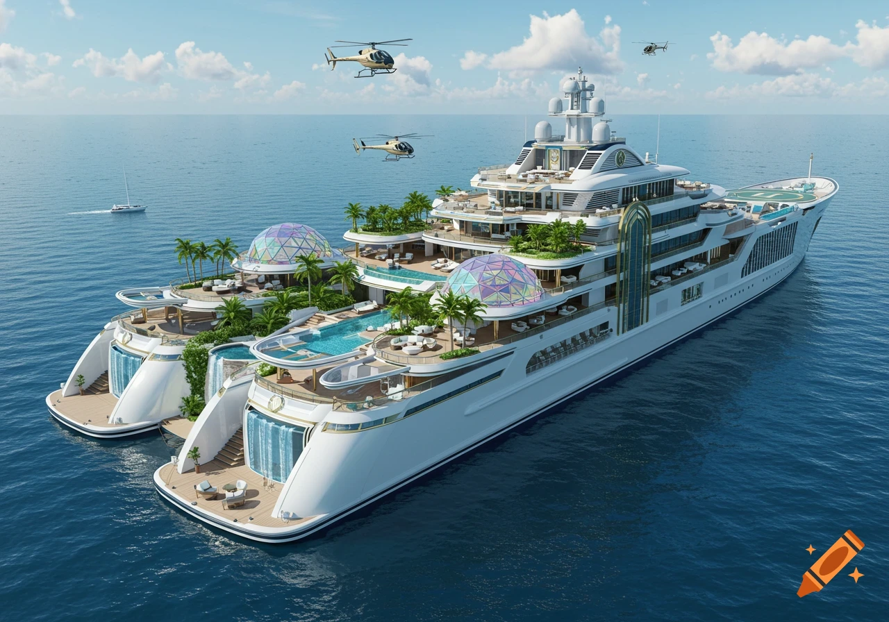 A vast, luxurious mega yacht featuring multiple pools, palm trees, glass domes, and helipads, with helicopters flying over a clear blue ocean.
