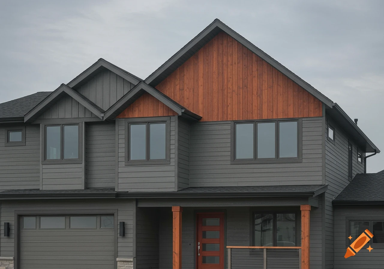 A modern house with dark gray siding and brown wood accents under a cloudy sky.