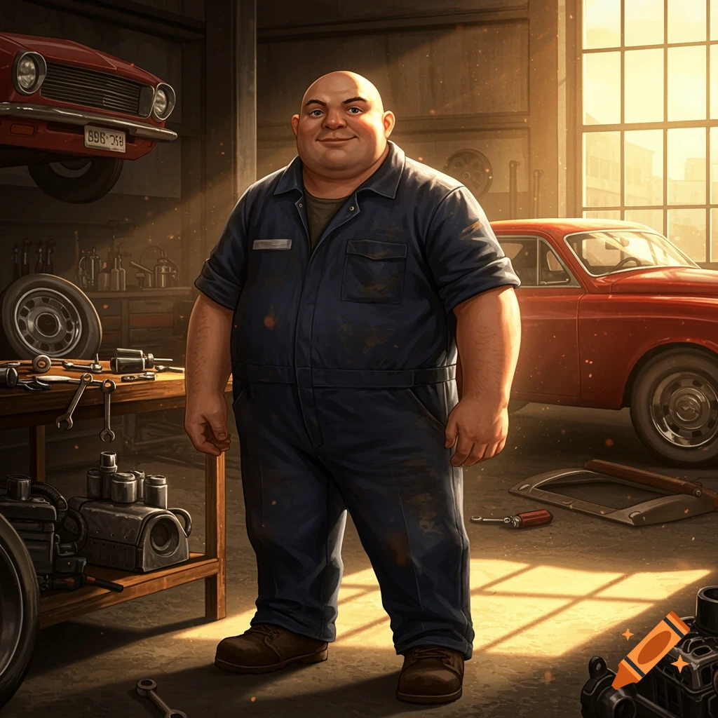 A bald, heavy-set mechanic in a blue boilersuit stands in a sunlit garage with cars and tools.