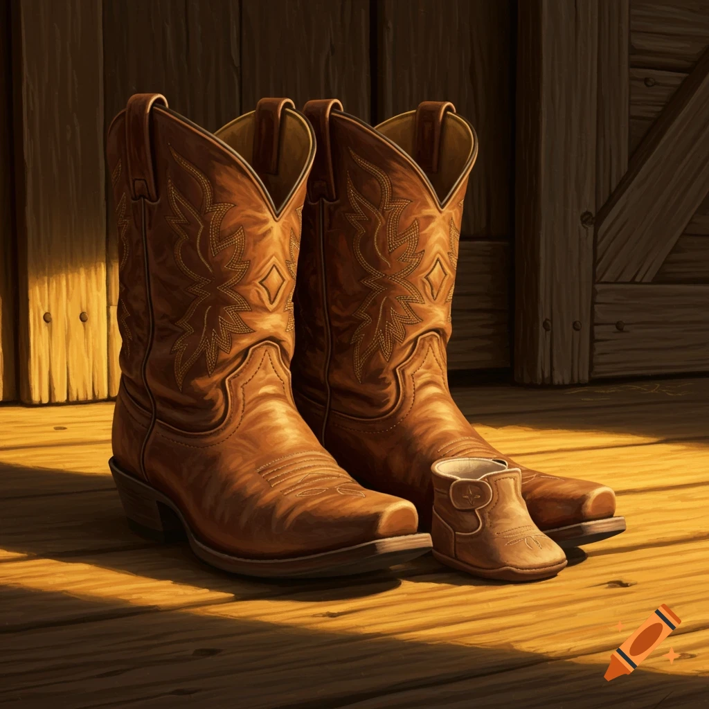A pair of adult brown cowboy boots next to a small baby boot on a wooden floor, lit by sunlight.