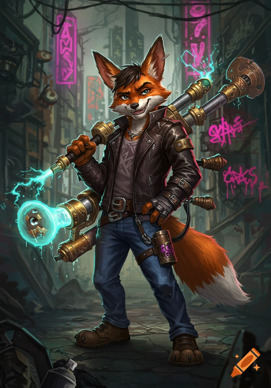 An anthropomorphic fox character in a leather jacket and jeans grins confidently while holding a large, glowing steampunk weapon in a gritty, neon-lit alleyway.