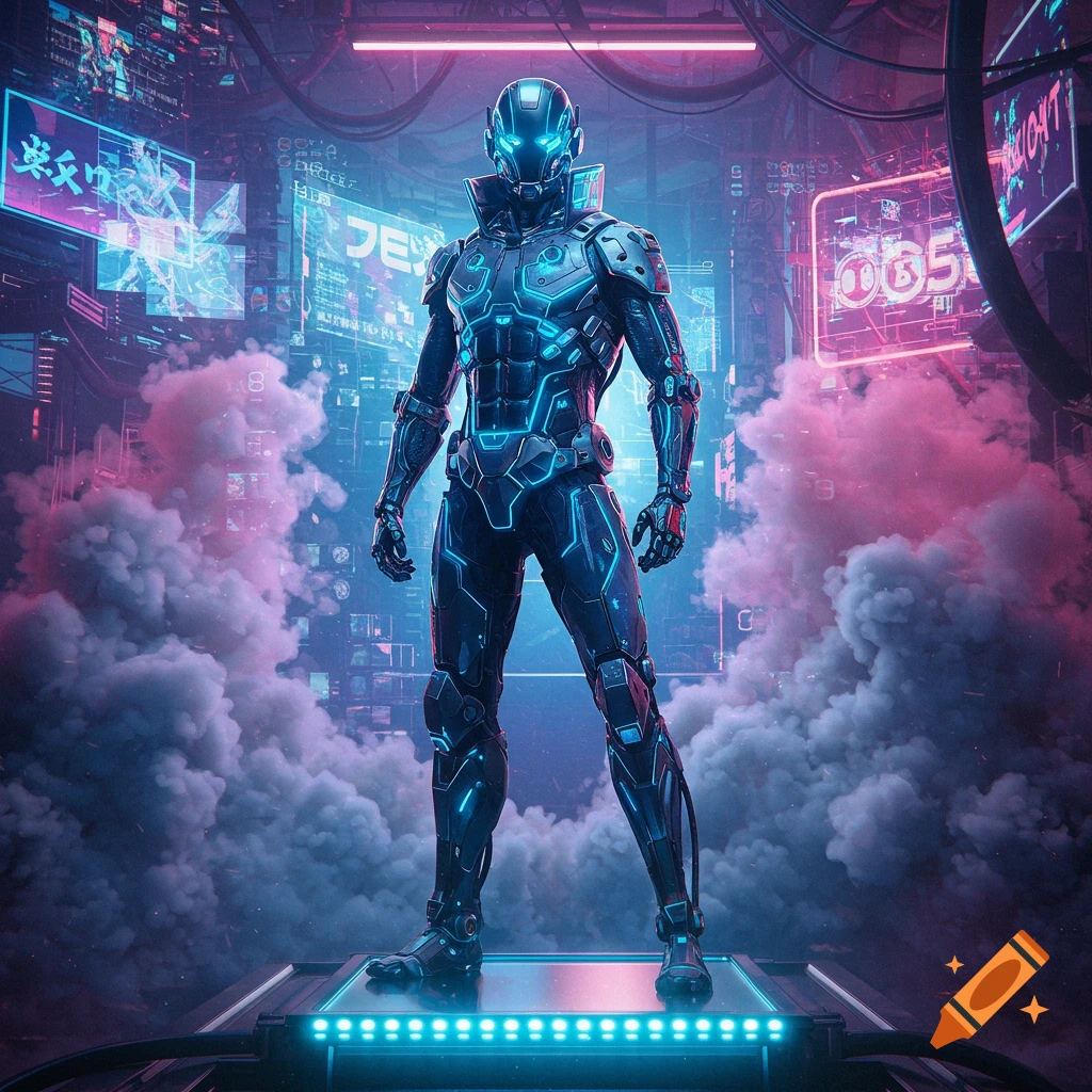 A futuristic robot with glowing blue lines stands on a platform amidst pink and purple smoke in a neon-lit cyberpunk city.