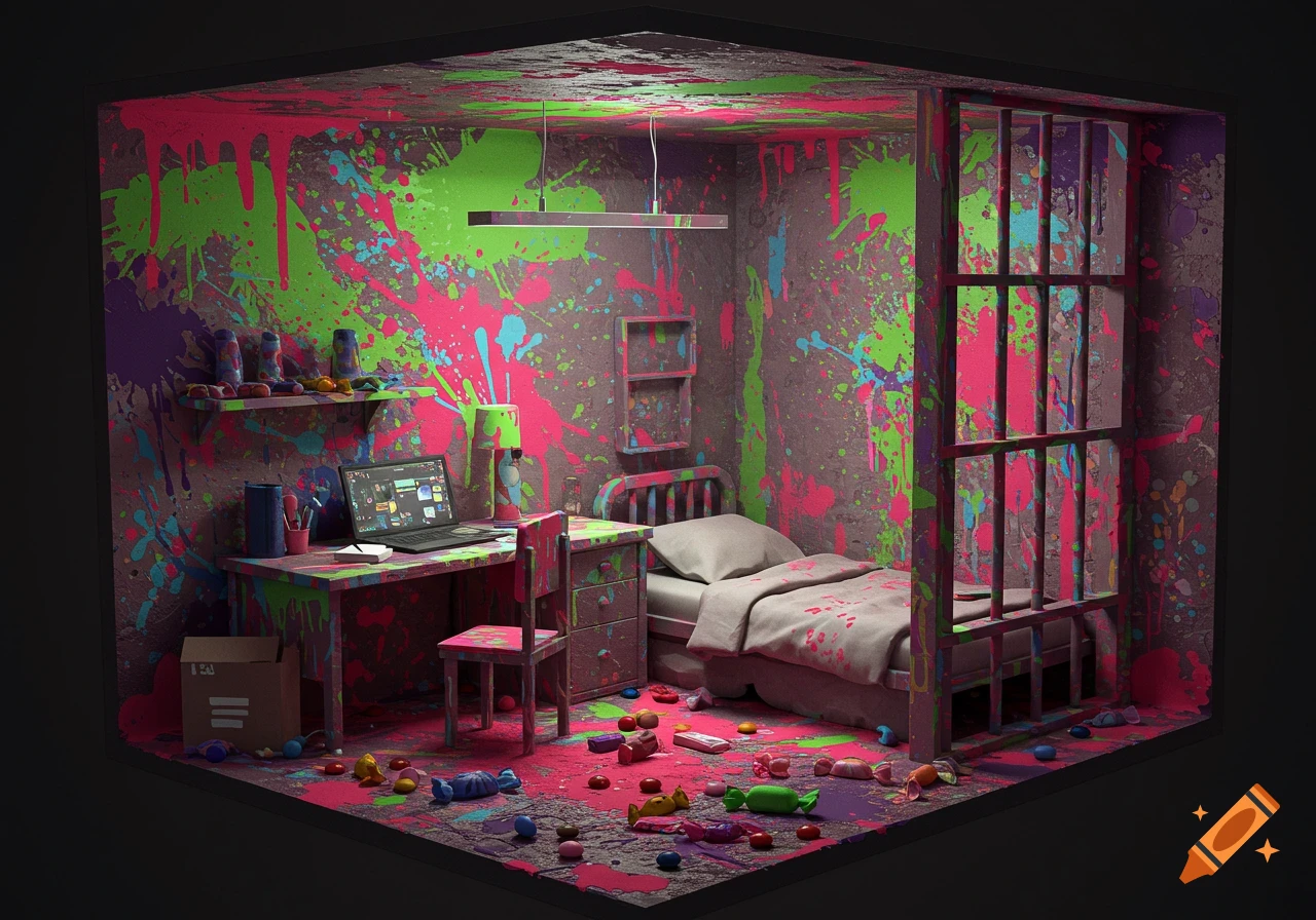 A vibrant cell-like room covered in neon paint splatters, with a bed, desk, laptop, and colorful candies scattered on the floor.