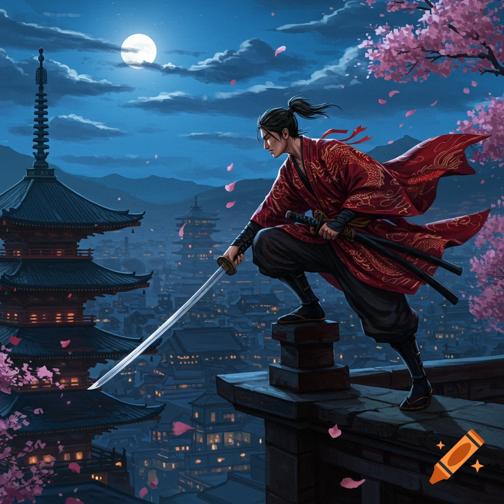 A samurai in a red robe with a sword crouches on a rooftop overlooking a moonlit Japanese city with cherry blossoms.