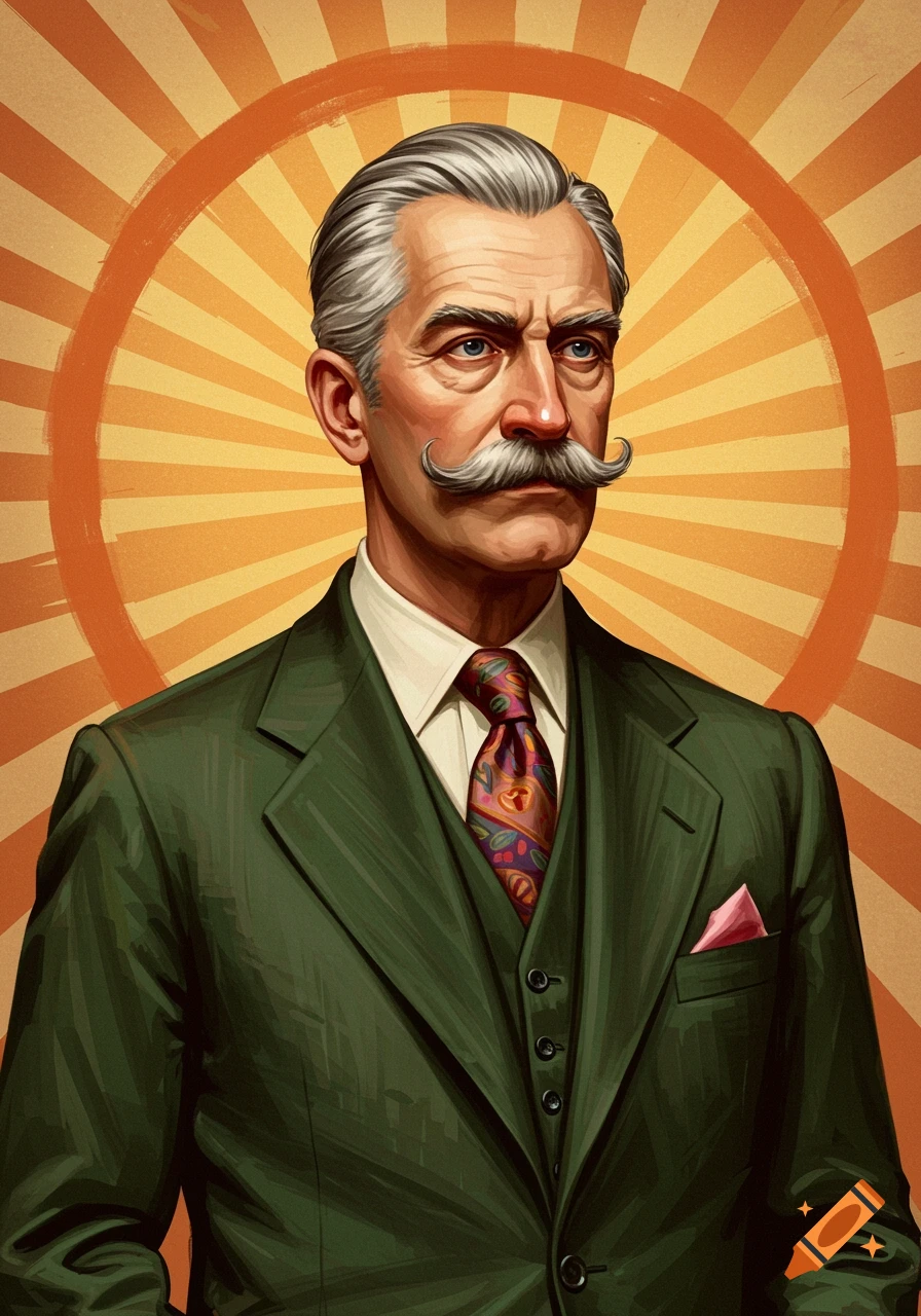 Digital painting of a mature man with a gray mustache and slicked-back hair, wearing a green suit against an orange sunburst background.
