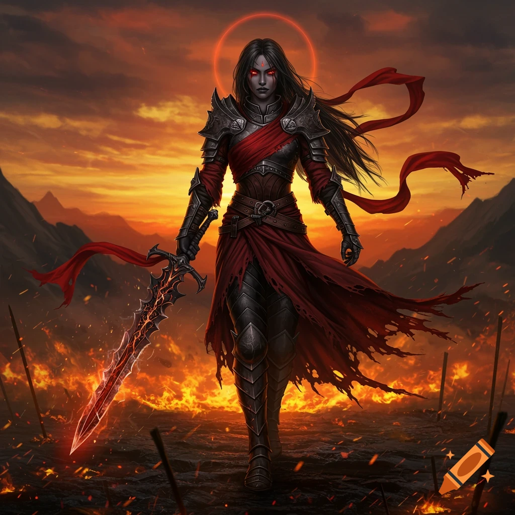 A dark fantasy art of a female warrior in black armor and tattered red cloth, holding a glowing sword on a burning battlefield.