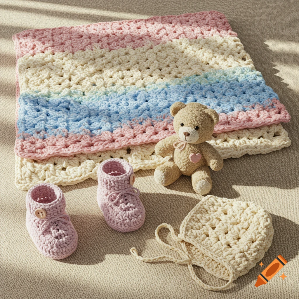 A realistic photo of a pastel striped crochet baby blanket, a teddy bear, pink crochet booties, and a cream crochet bonnet on a beige carpet.