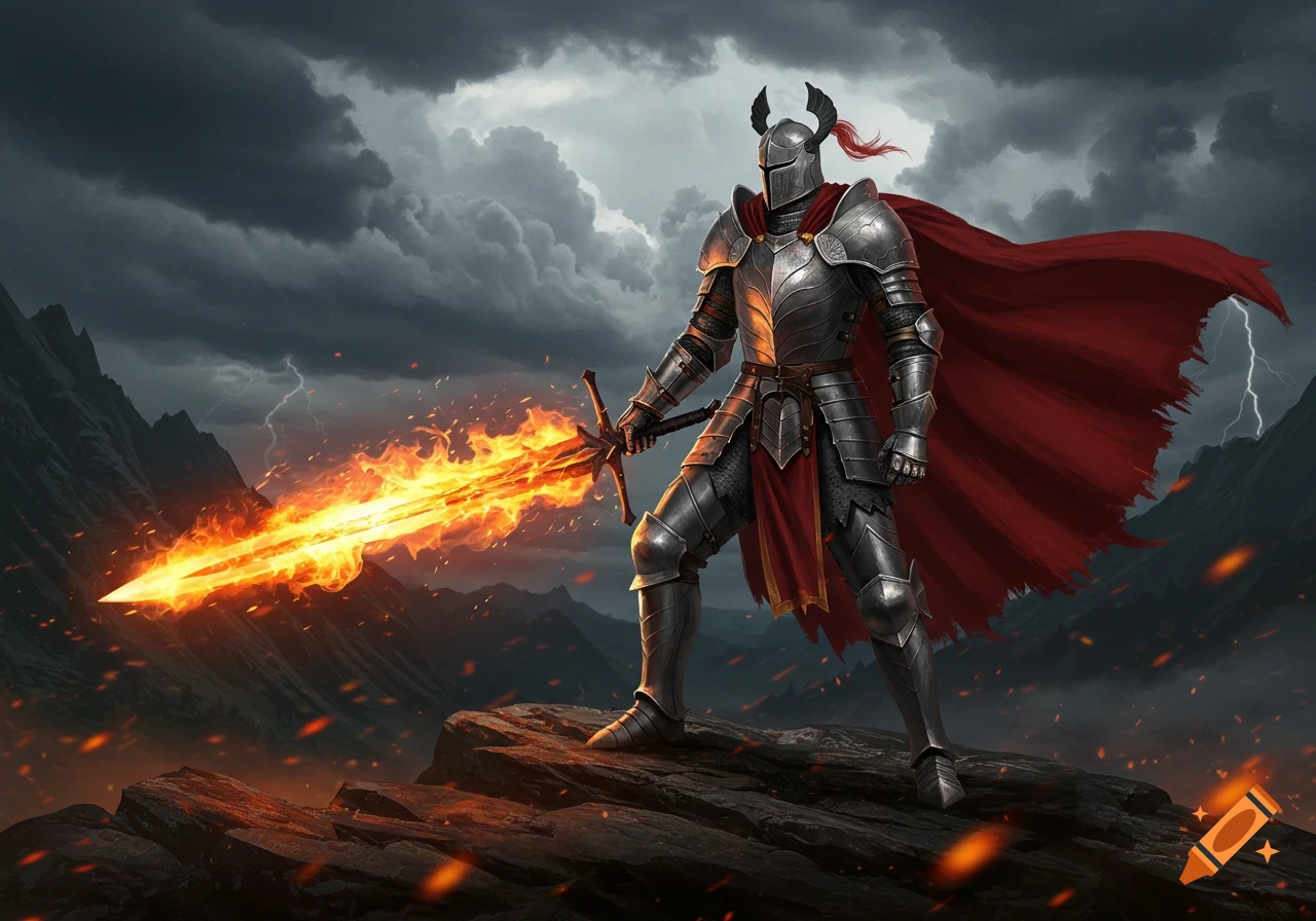A knight in shining armor with a red cape stands on a rocky peak, holding a glowing, flaming sword under a dark, stormy sky with lightning.