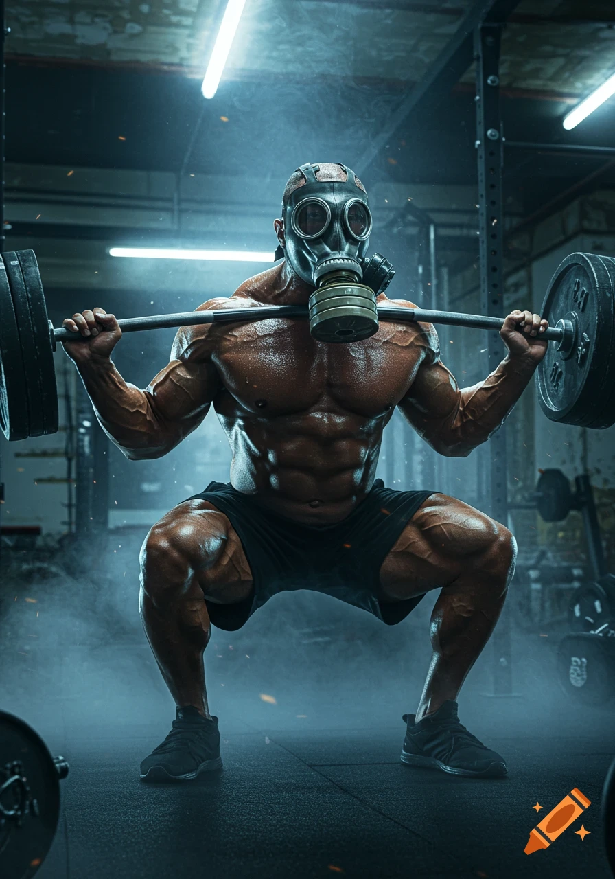 A muscular bodybuilder in a gas mask squats with a barbell in a dark, smoky gym, dramatically lit.