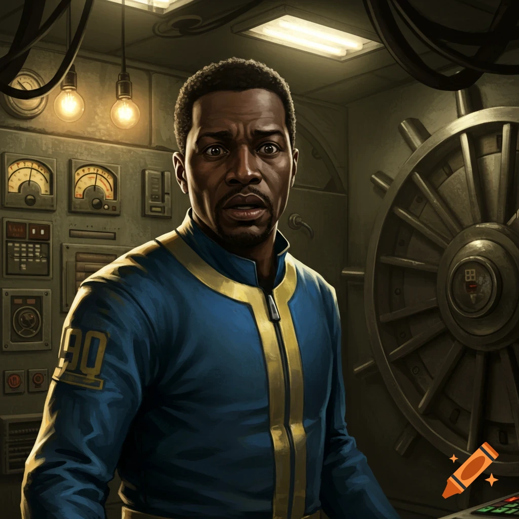 A man in a blue and yellow Vault-Tec jumpsuit with the number 90 on his sleeve looks worried inside a vault, with gauges and a large vault door visible.