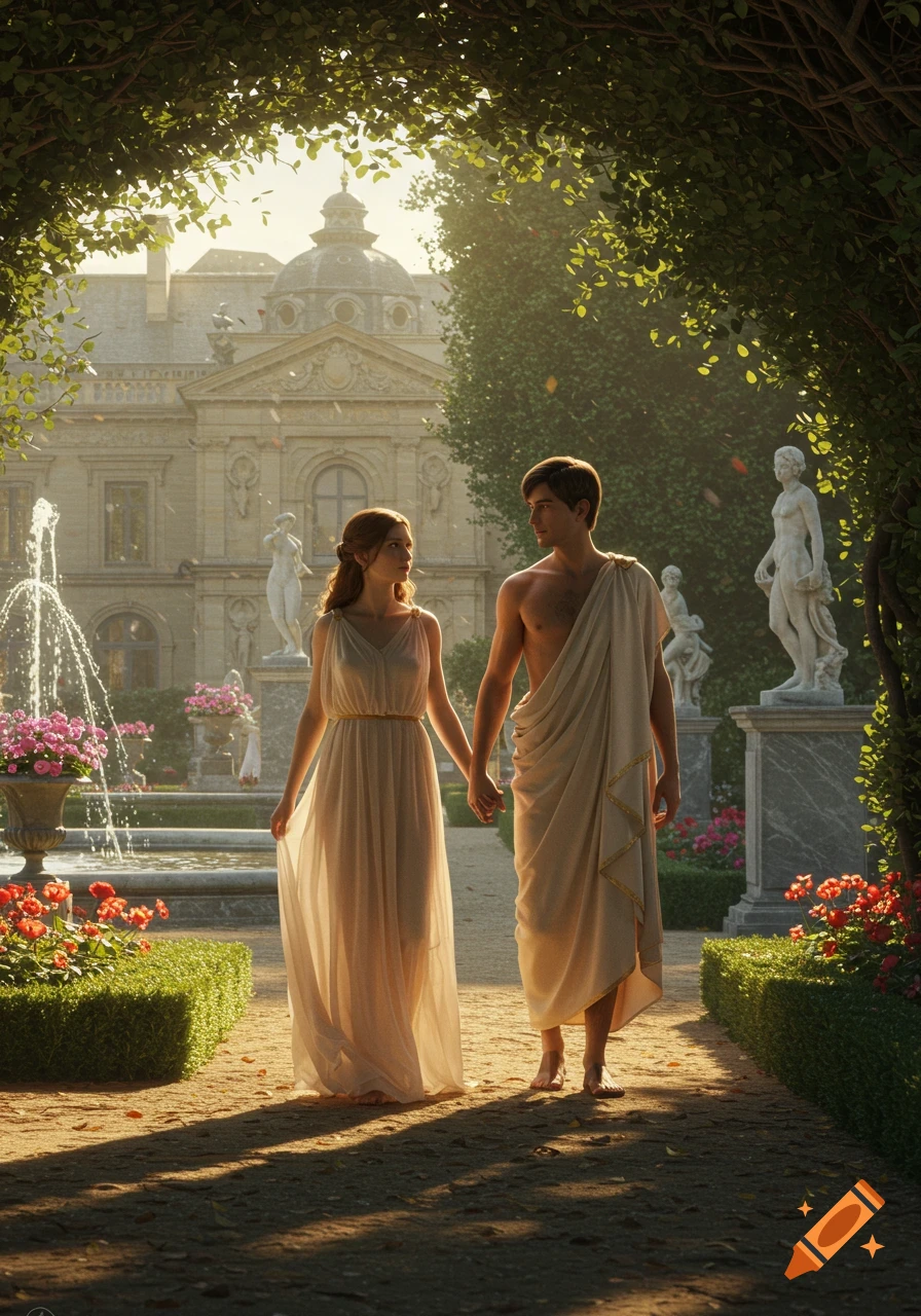 A young couple in classical robes holds hands while strolling through a sunlit grand garden with fountains and a palace.