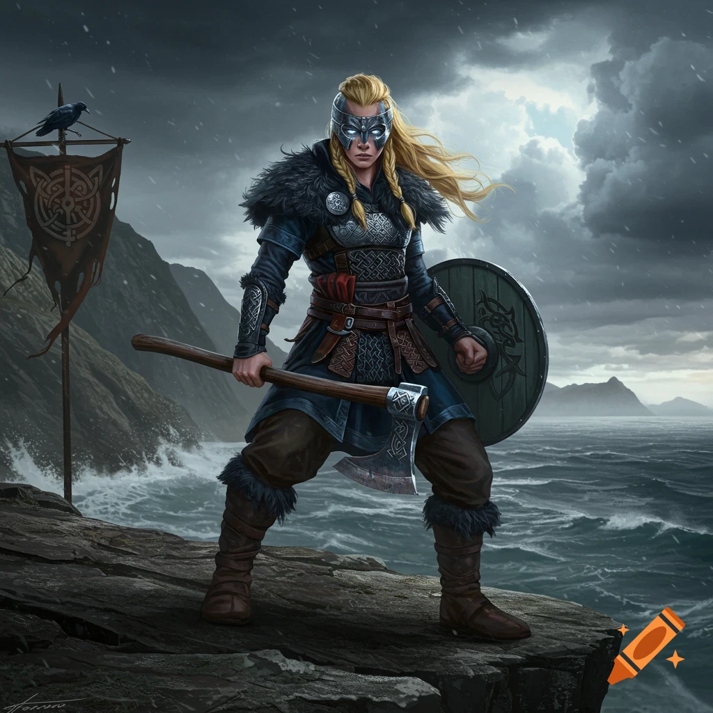 A blonde Viking warrior woman in full armor holds an axe and shield on a stormy cliff overlooking the sea.