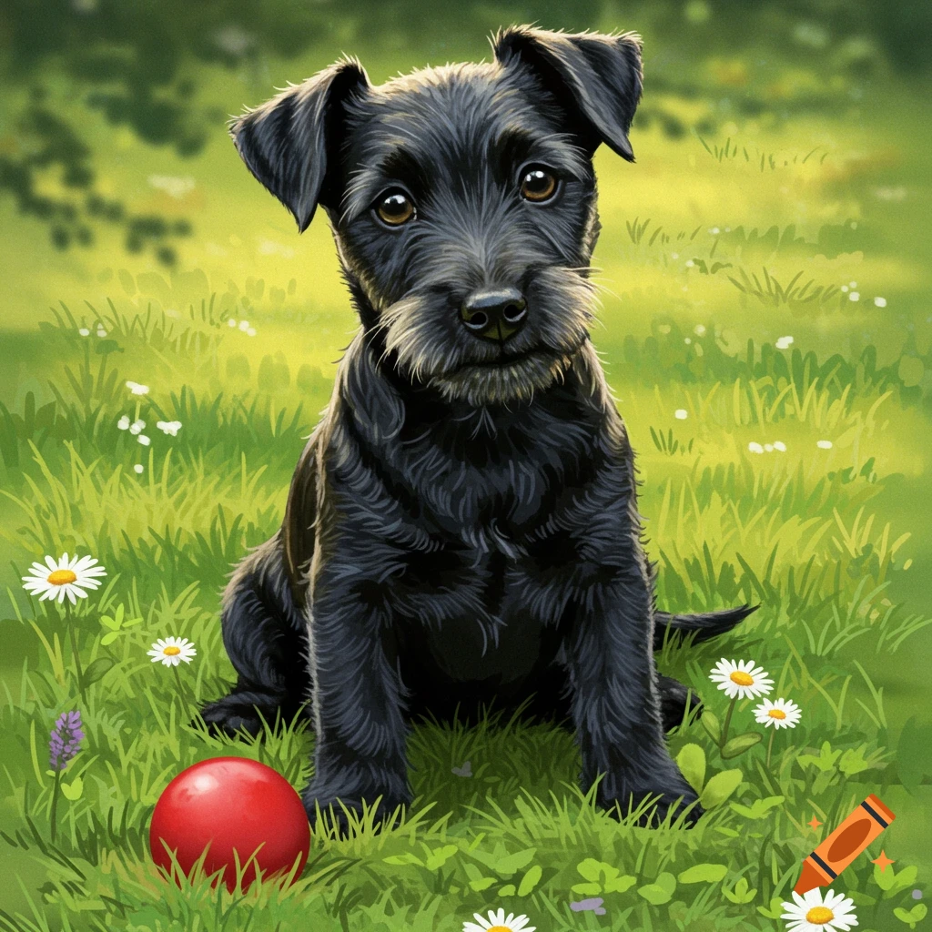 A cute black puppy with a red ball sits in a green grassy field filled with white daisies. Illustrated.