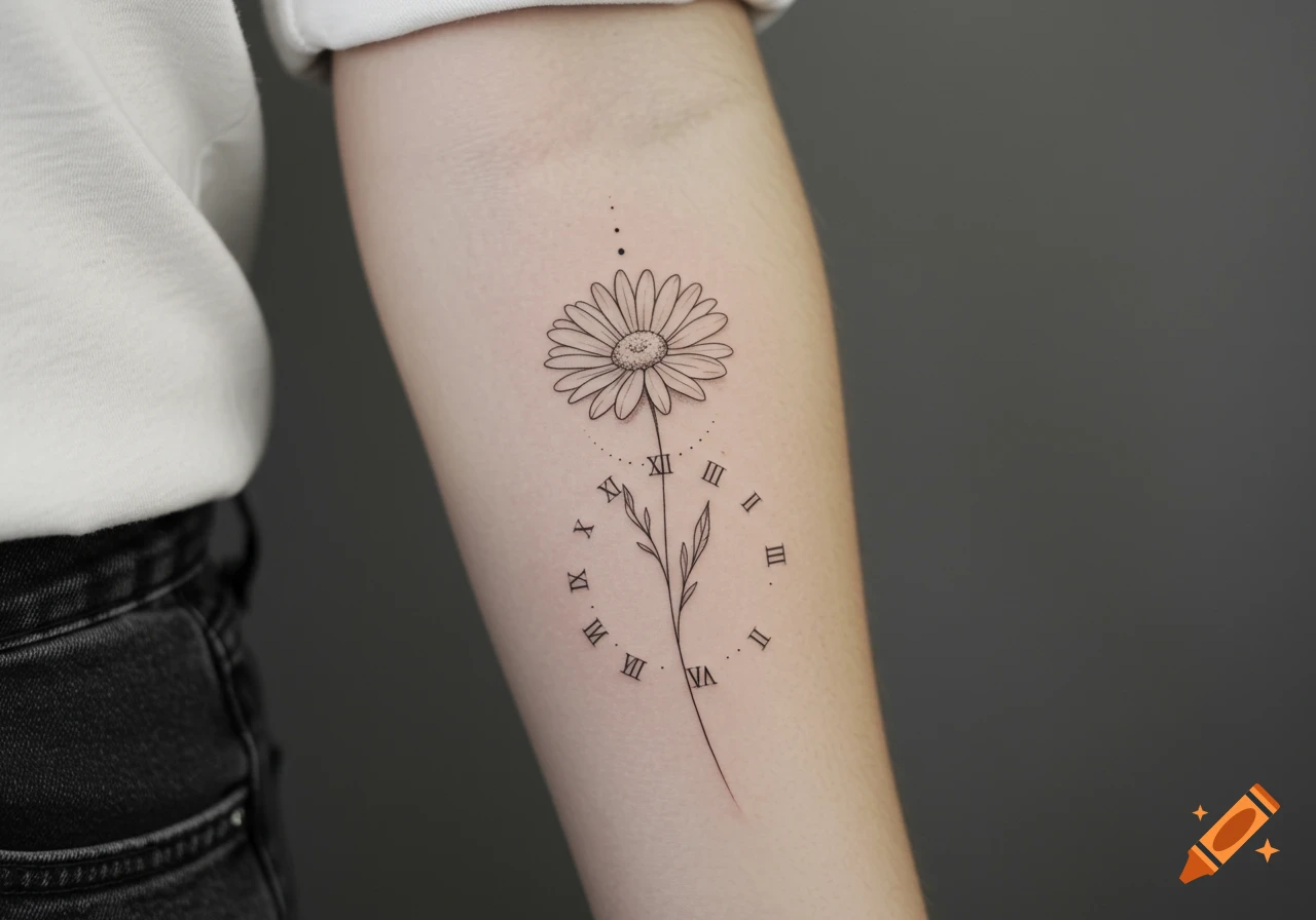 A fine-line tattoo of a daisy with Roman numerals arranged in a circular clock face on a person's forearm.