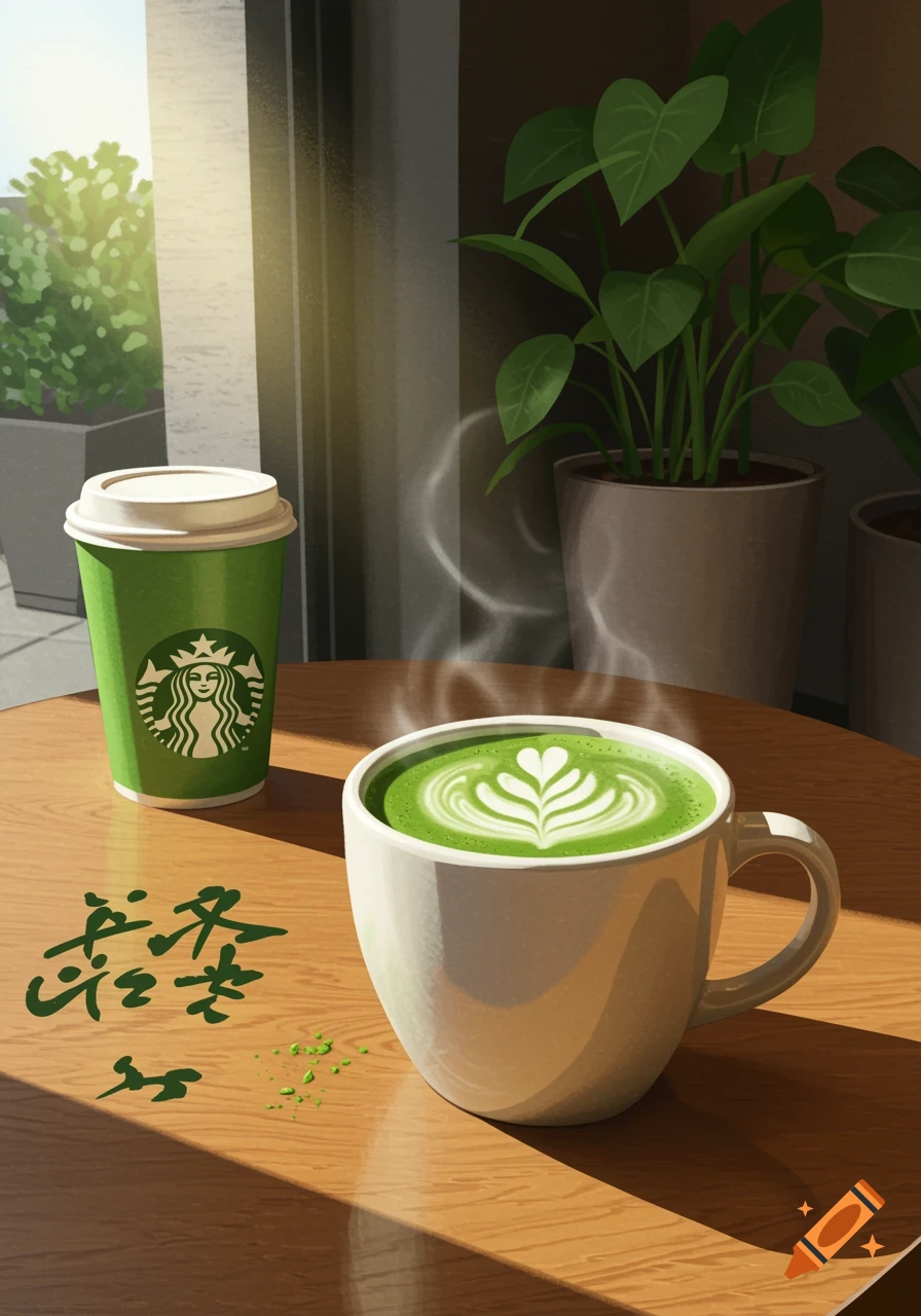 Illustrative scene of two matcha drinks on a wooden table in a sunlit cafe, one in a Starbucks cup and one in a white mug with latte art, next to Chinese characters.