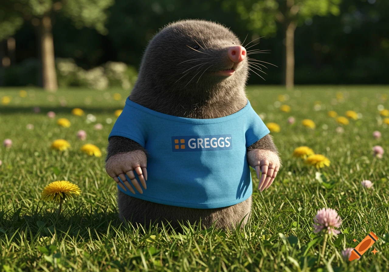 A realistic mole in a blue Greggs t-shirt stands in a green field with yellow and pink flowers.