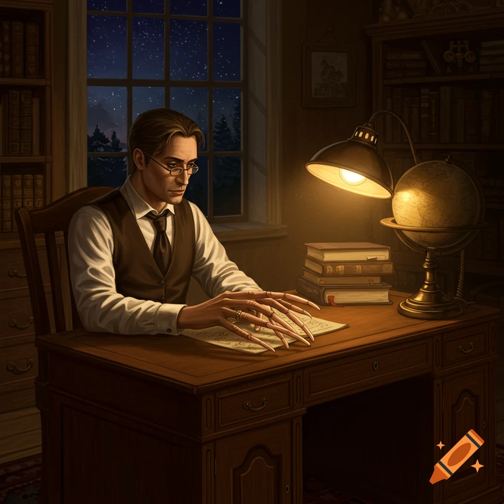 A man with long fingernails sits at a wooden desk, writing under a lamp in a dimly lit study with bookshelves and a starry night visible through the window.
