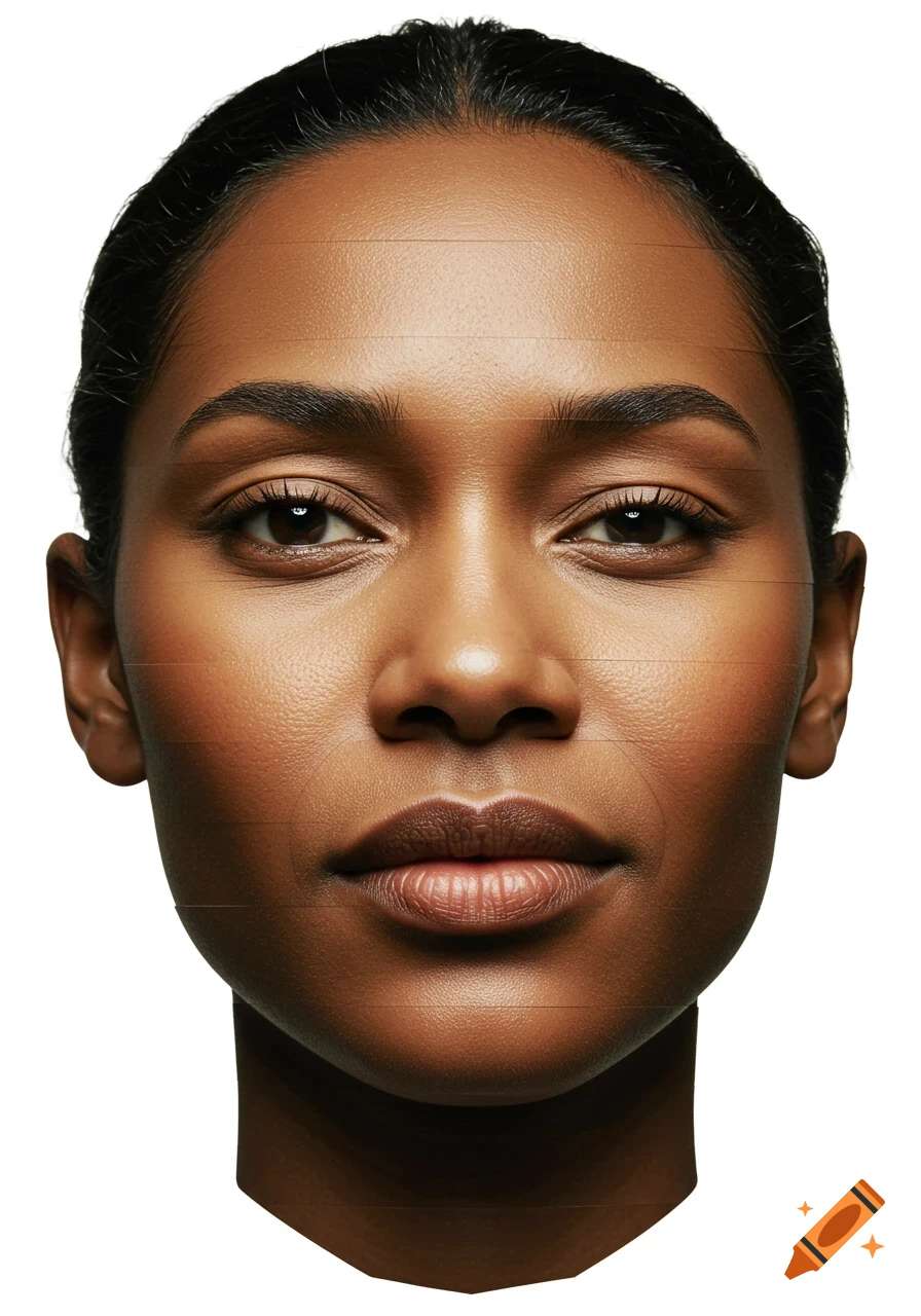 A photorealistic close-up portrait of a woman's face with horizontal lines creating a sliced effect.