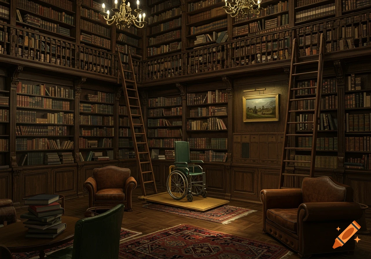 A grand, photorealistic library with tall wooden bookshelves, rolling ladders, leather armchairs, and a wheelchair on a platform lift.