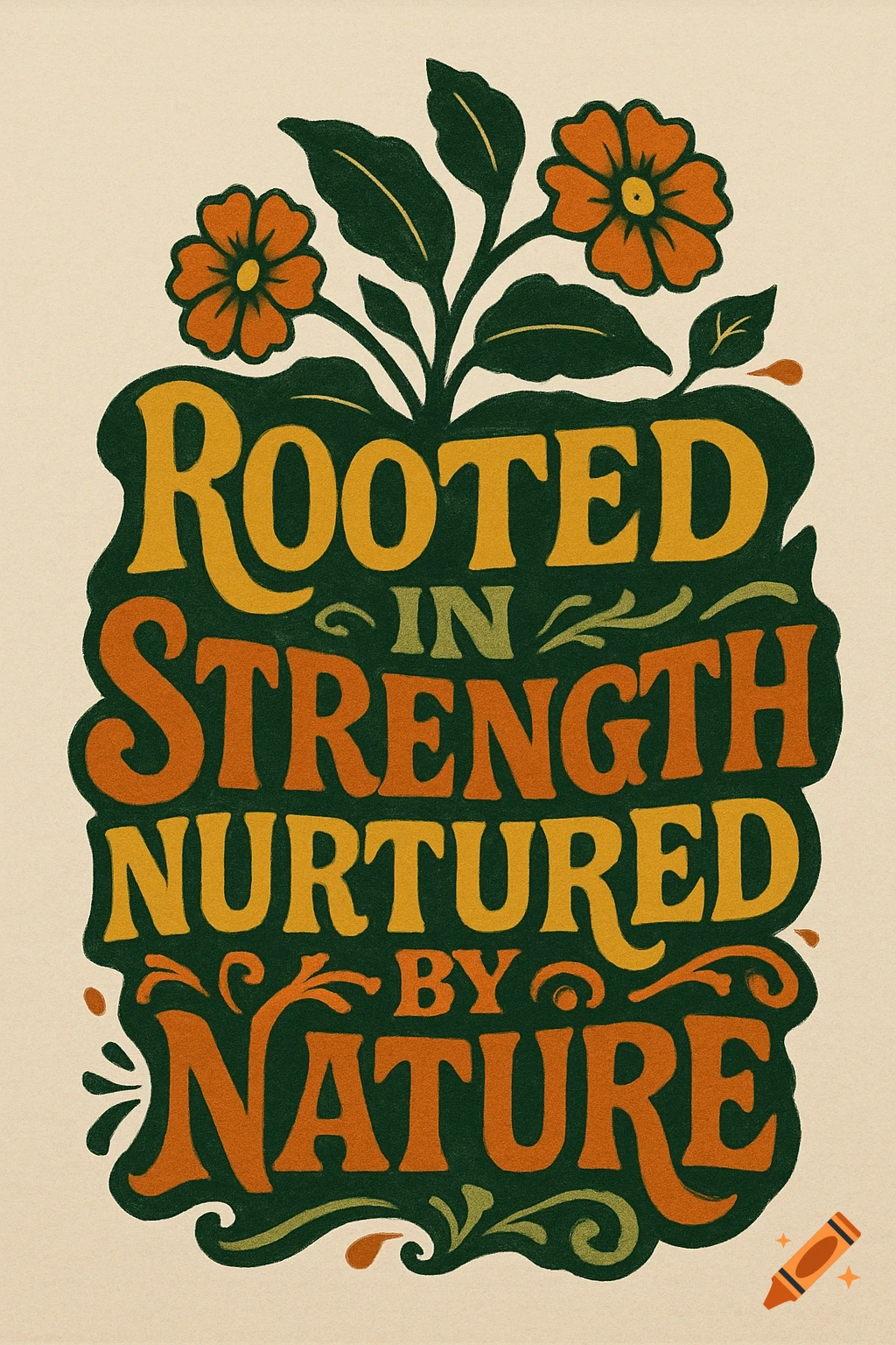 Retro-style typographic illustration with the quote 'Rooted in Strength Nurtured by Nature' surrounded by orange flowers and green leaves.