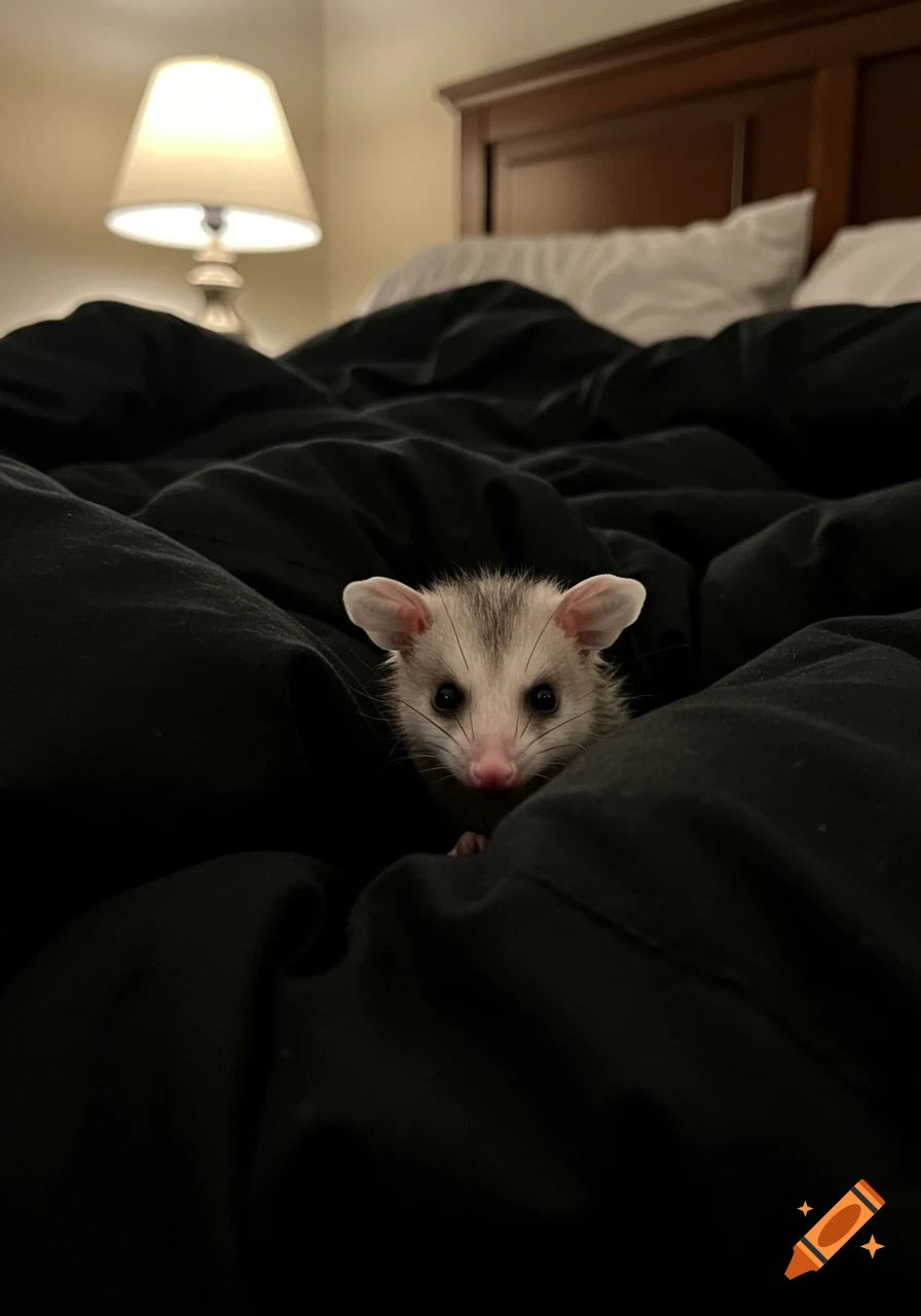A baby possum peeks its head out from black bedding in a dimly lit room with a lamp.