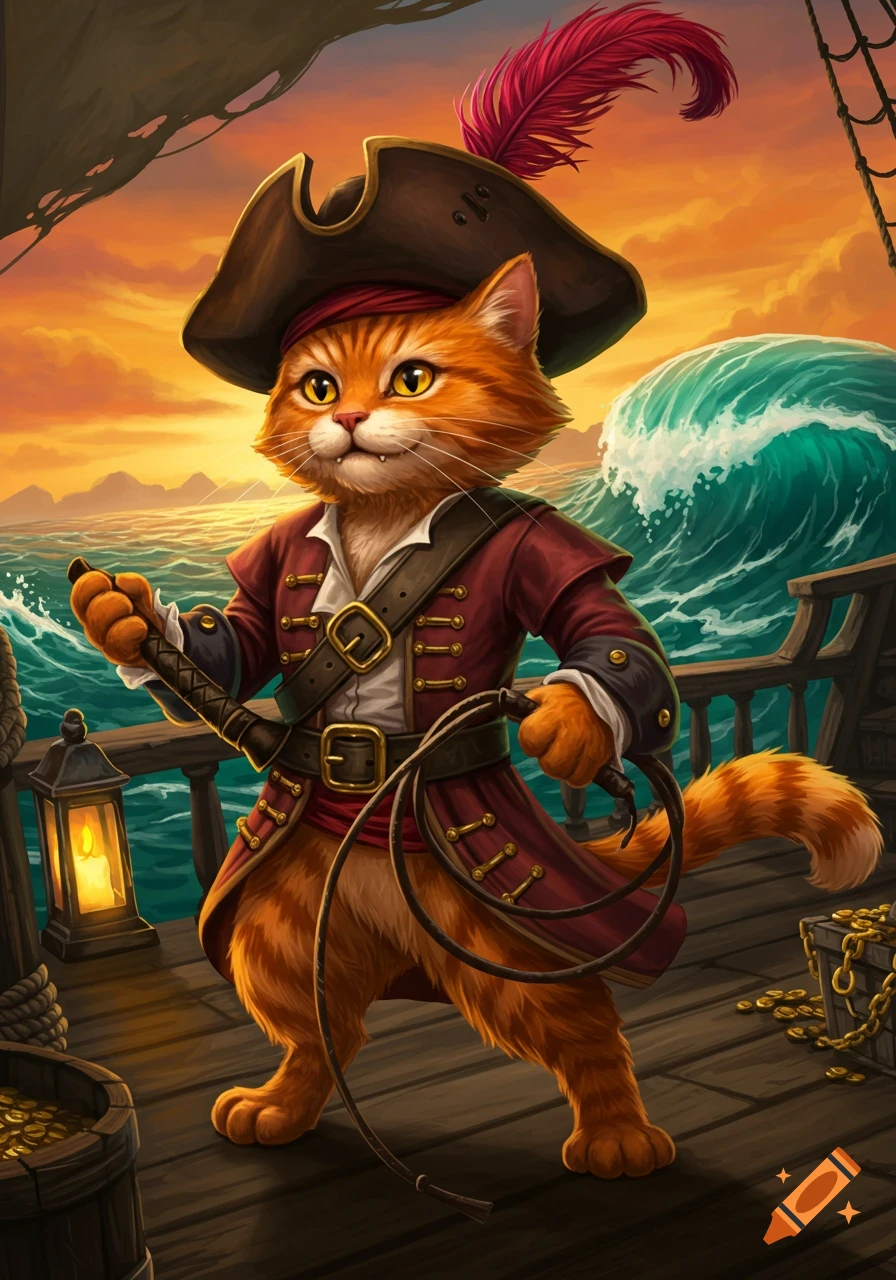 An anthropomorphic orange cat dressed as a pirate holding a whip on a ship deck at sunset.