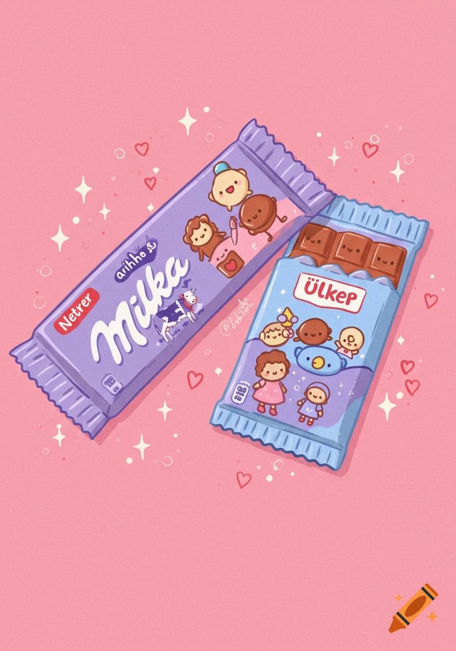 Cute cartoon illustration of Milka and Ülker chocolate bars with playful characters, on a pink background with sparkles and hearts.