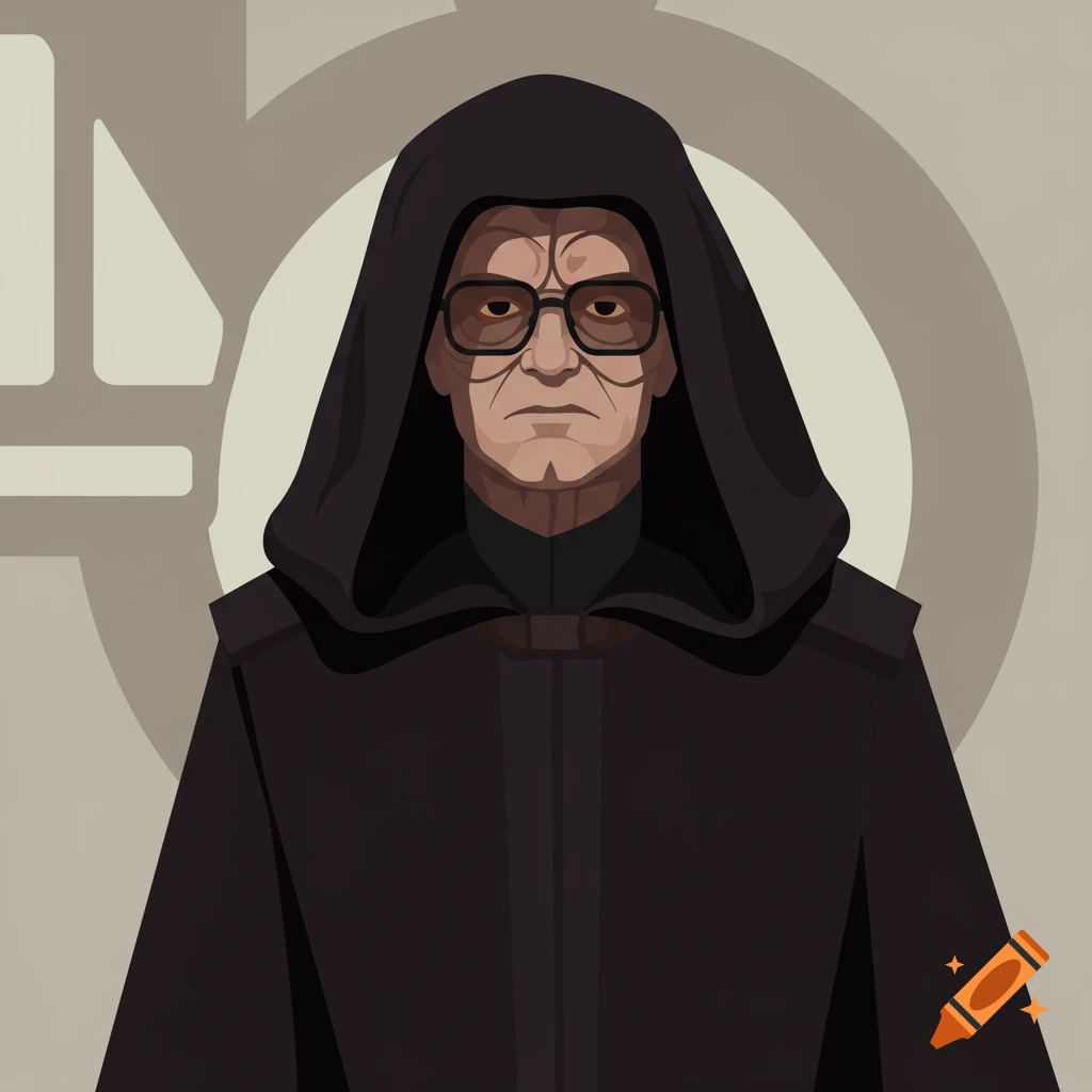 A stylized portrait of Emperor Palpatine from Star Wars, wearing square glasses and a dark hooded robe.