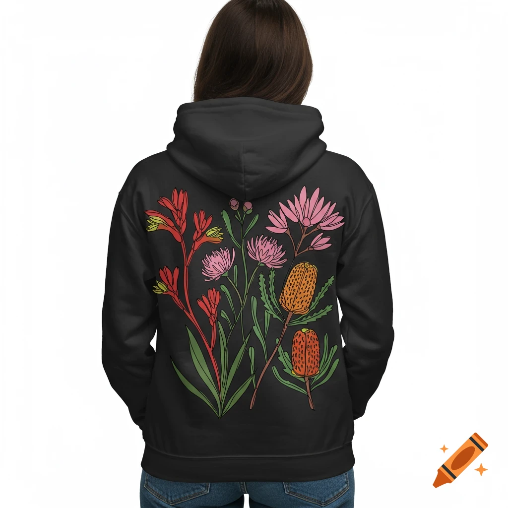 A person viewed from behind wears a black hoodie with a colorful line drawing of various wildflowers on its back.